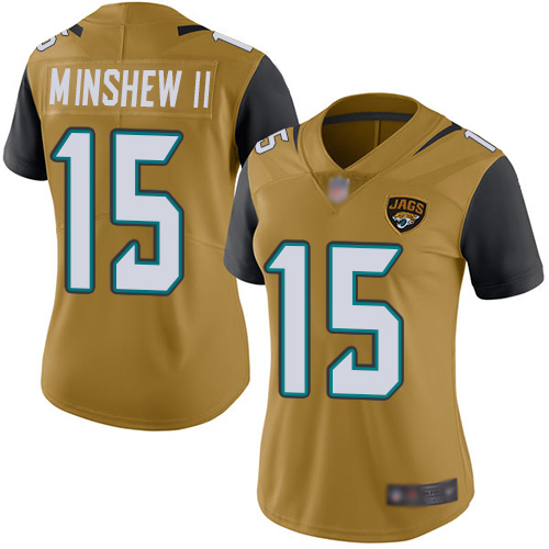Nike Jacksonville Jaguars #15 Gardner Minshew II Gold Women Stitched NFL Limited Rush Jersey